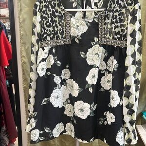 Cato Black and White Floral Blouse with Animal Print